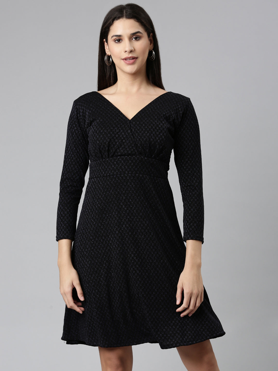 Women's Black V-Neck Long Sleeves Fit and Flare Dress