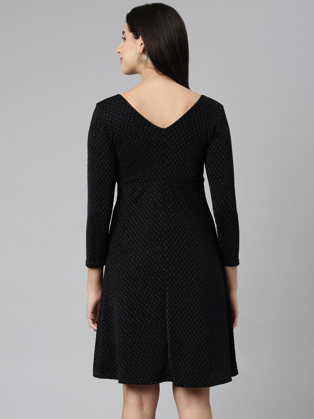 Women's Black V-Neck Long Sleeves Fit and Flare Dress