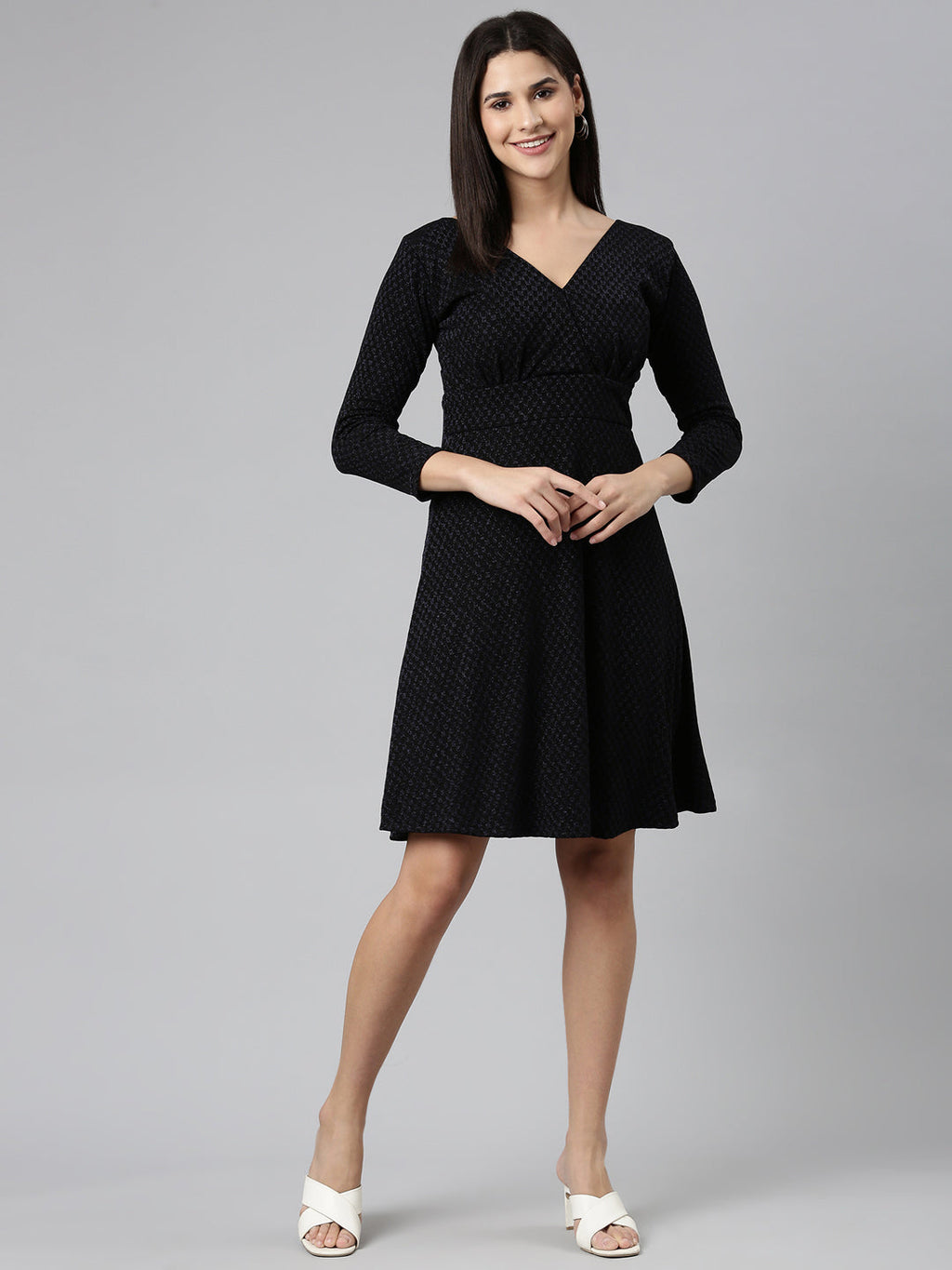 Women's Black V-Neck Long Sleeves Fit and Flare Dress