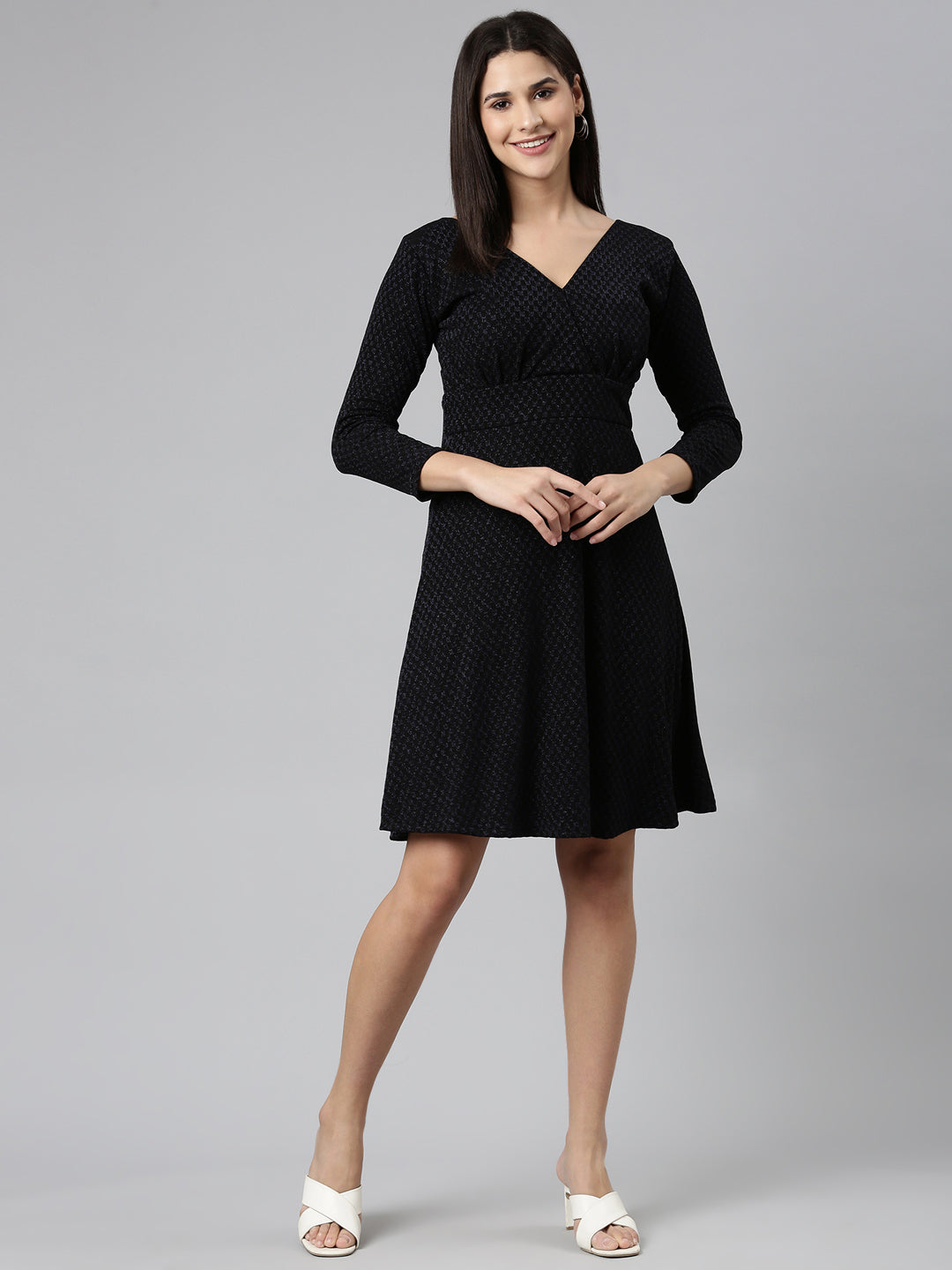 Women's Black V-Neck Long Sleeves Fit and Flare Dress
