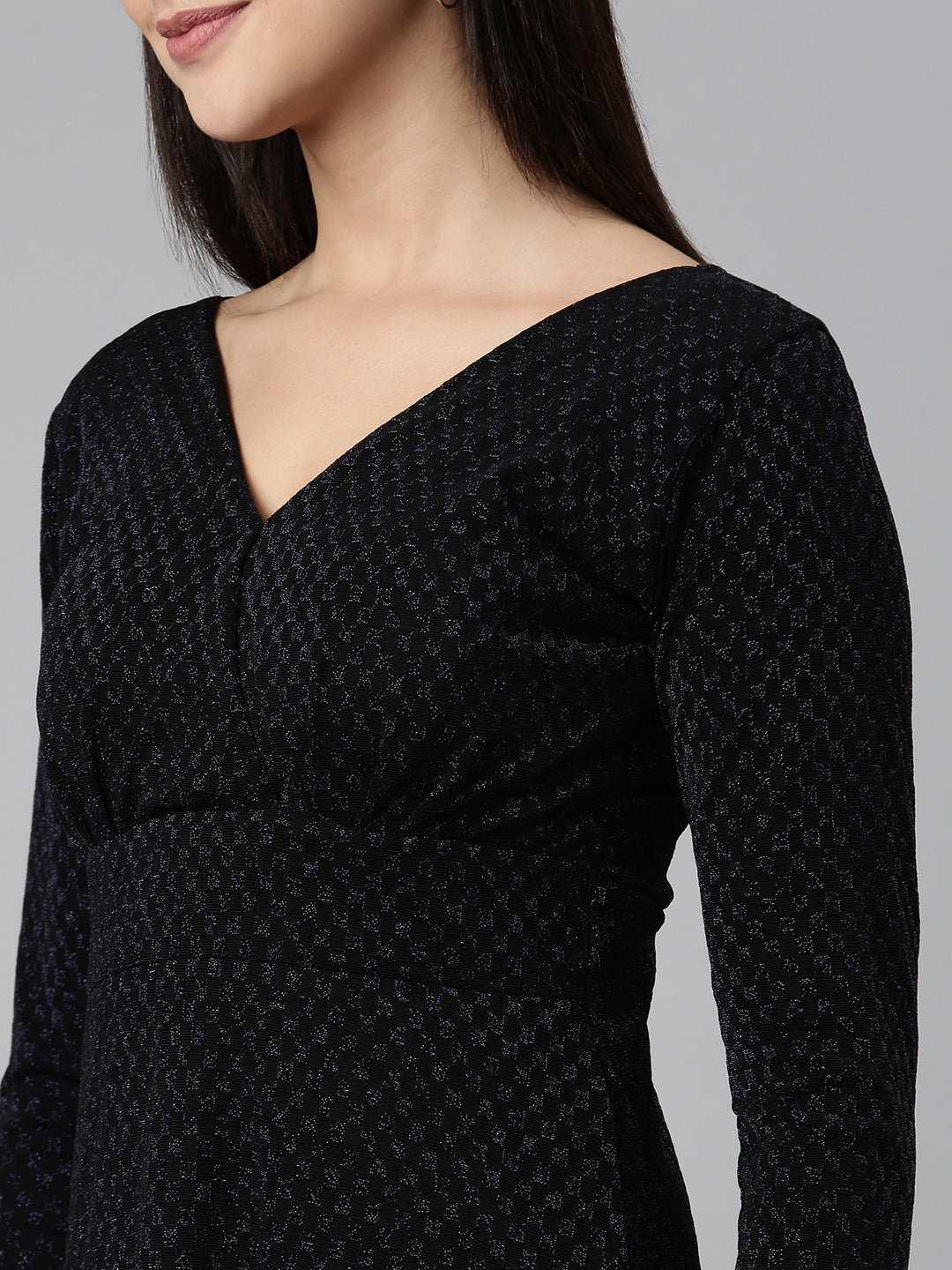 Women's Black V-Neck Long Sleeves Fit and Flare Dress