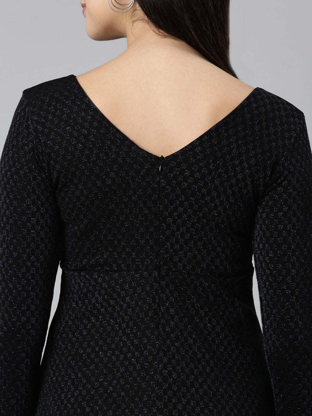 Women's Black V-Neck Long Sleeves Fit and Flare Dress