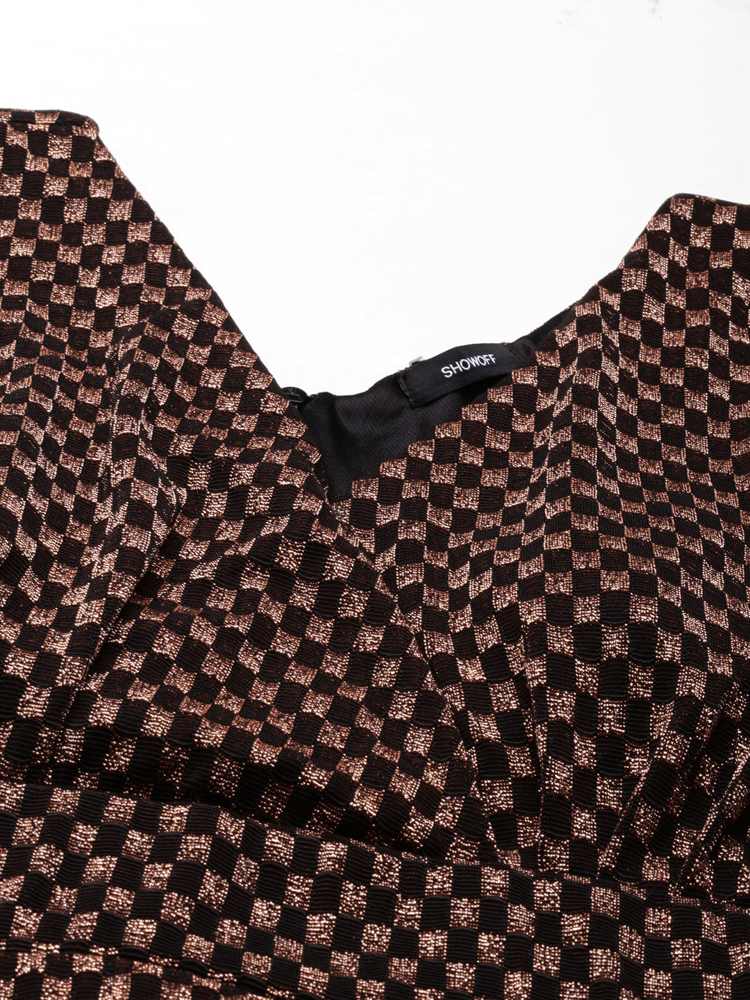 Women's Black Checked Jacquard Fit & Flare Midi Dress