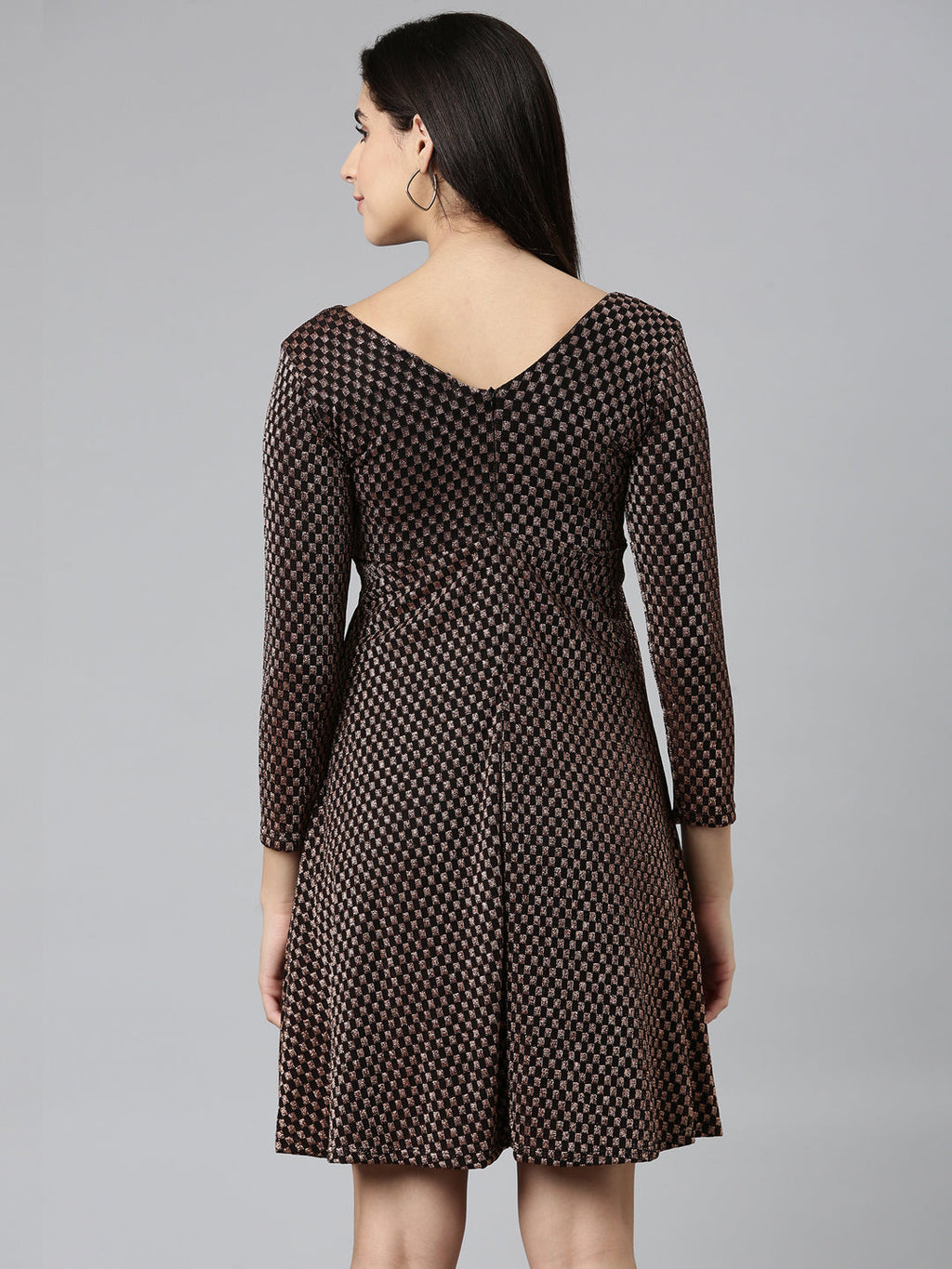 Women's Black Checked Jacquard Fit & Flare Midi Dress