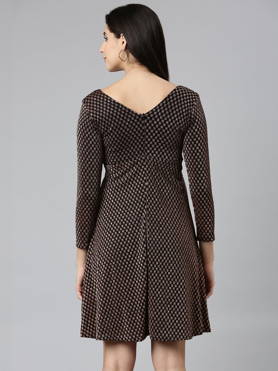 Women's Black Checked Jacquard Fit & Flare Midi Dress