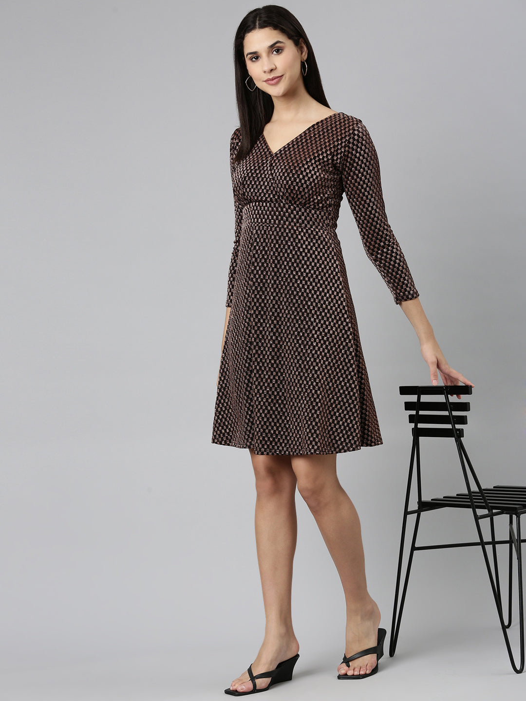 Women's Black Checked Jacquard Fit & Flare Midi Dress