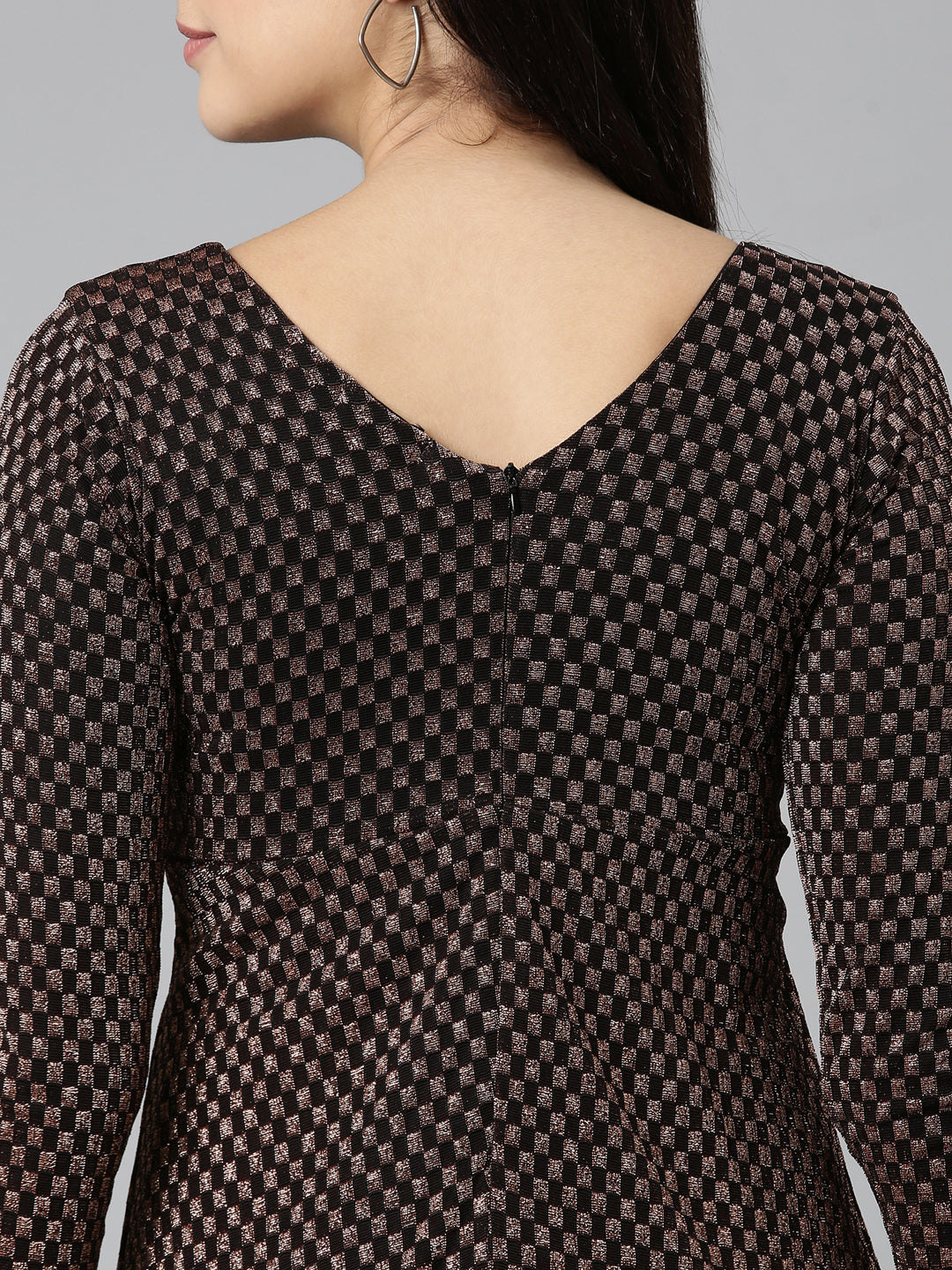 Women's Black Checked Jacquard Fit & Flare Midi Dress