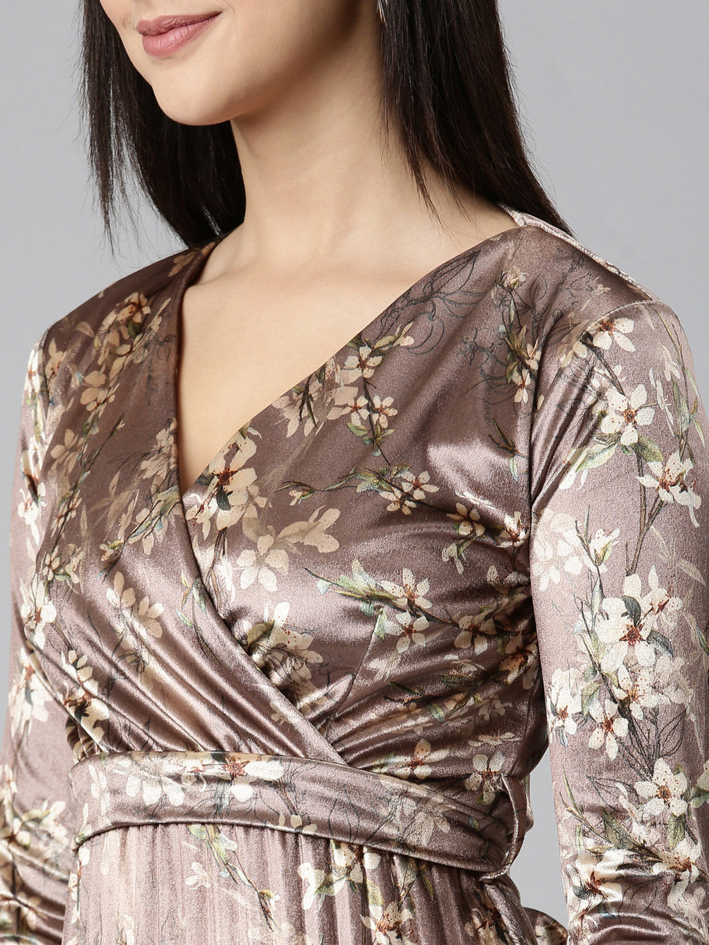 Women's Taupe Printed Wrap Dress