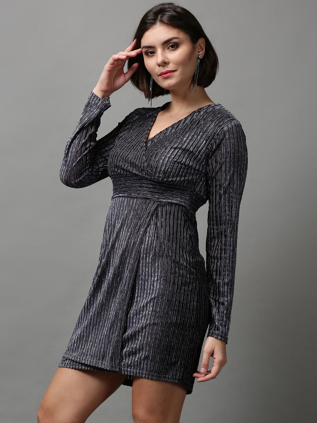 Women's Grey Self Design Wrap Dress