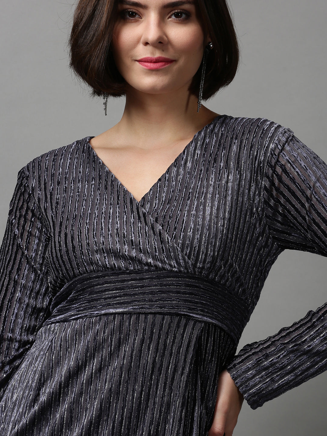 Women's Grey Self Design Wrap Dress