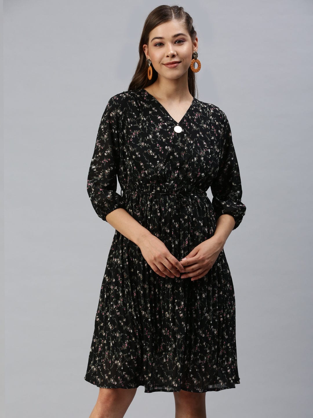 Women's V-Neck Printed Fit and Flare Black Dress