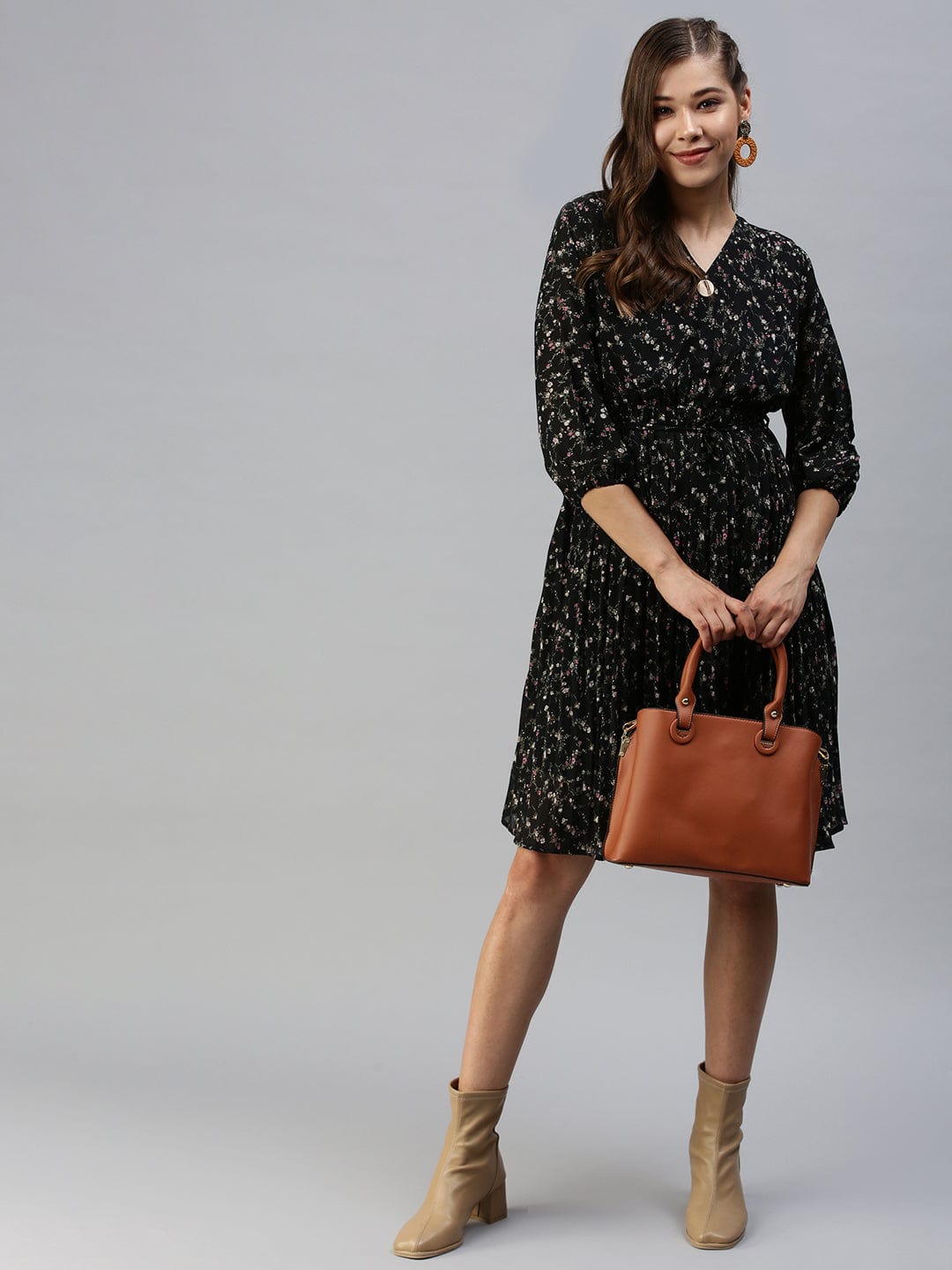 Women's V-Neck Printed Fit and Flare Black Dress