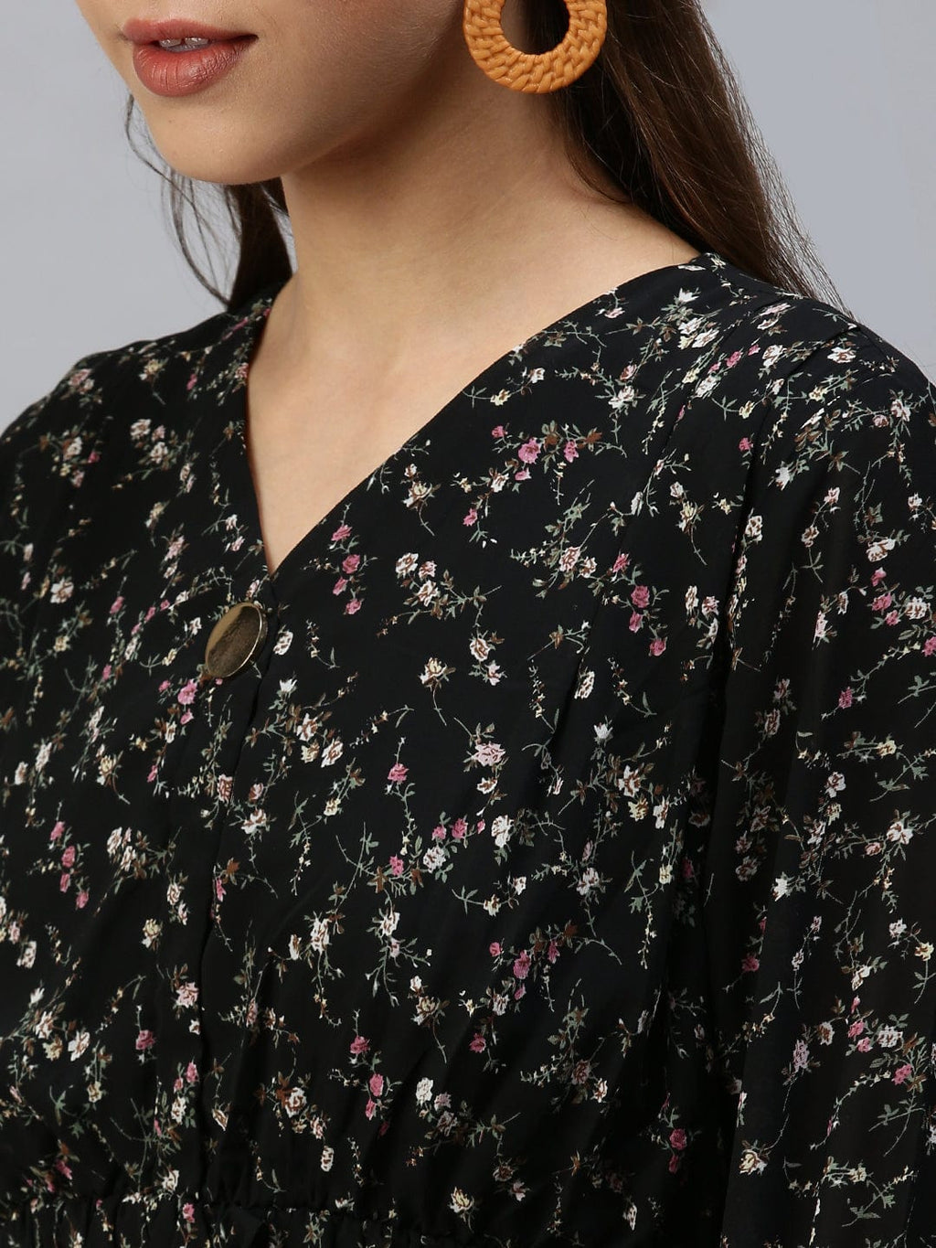 Women's V-Neck Printed Fit and Flare Black Dress