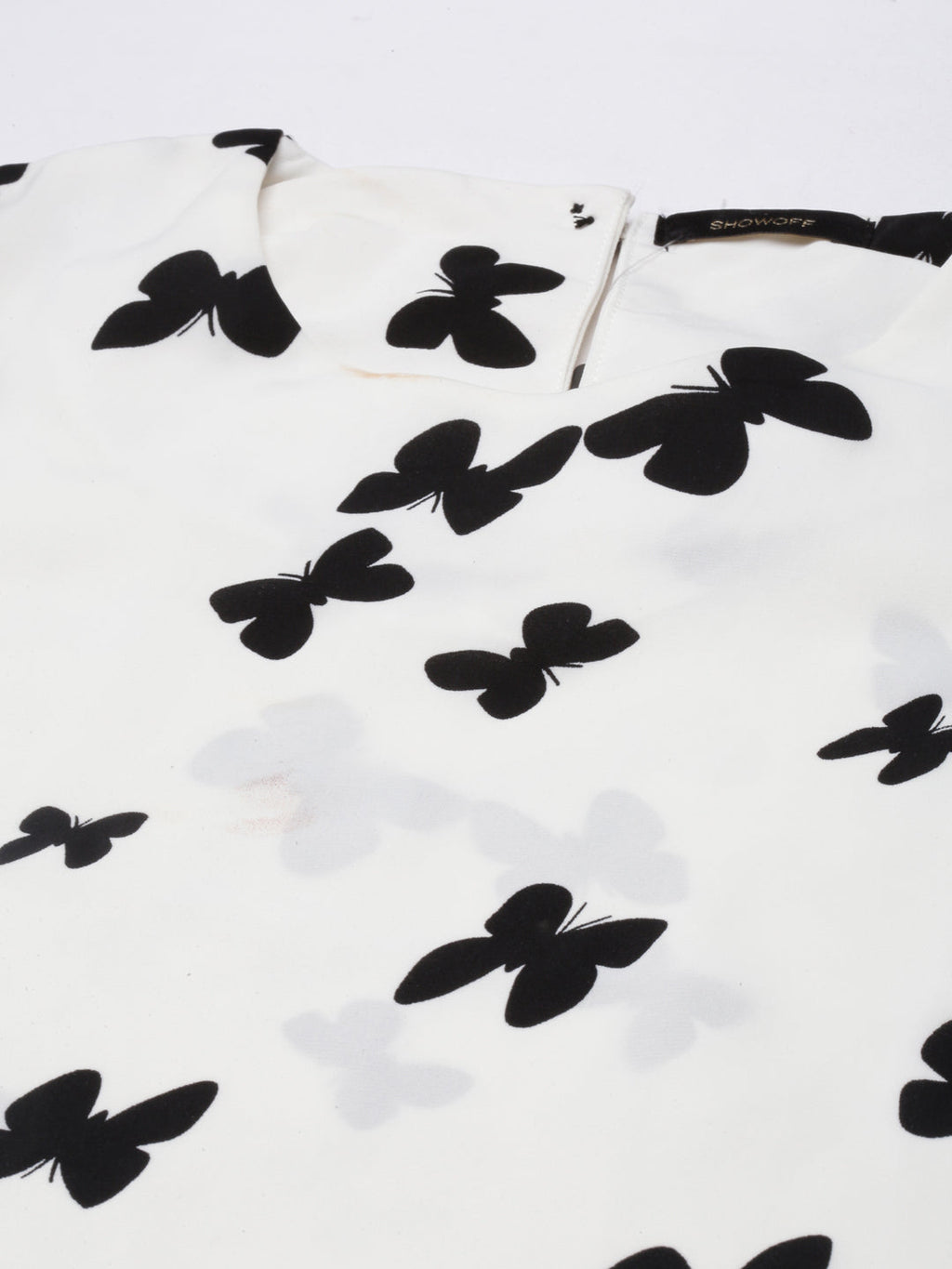 Women's White Conversational Printed Puff Sleeves Blouson Top