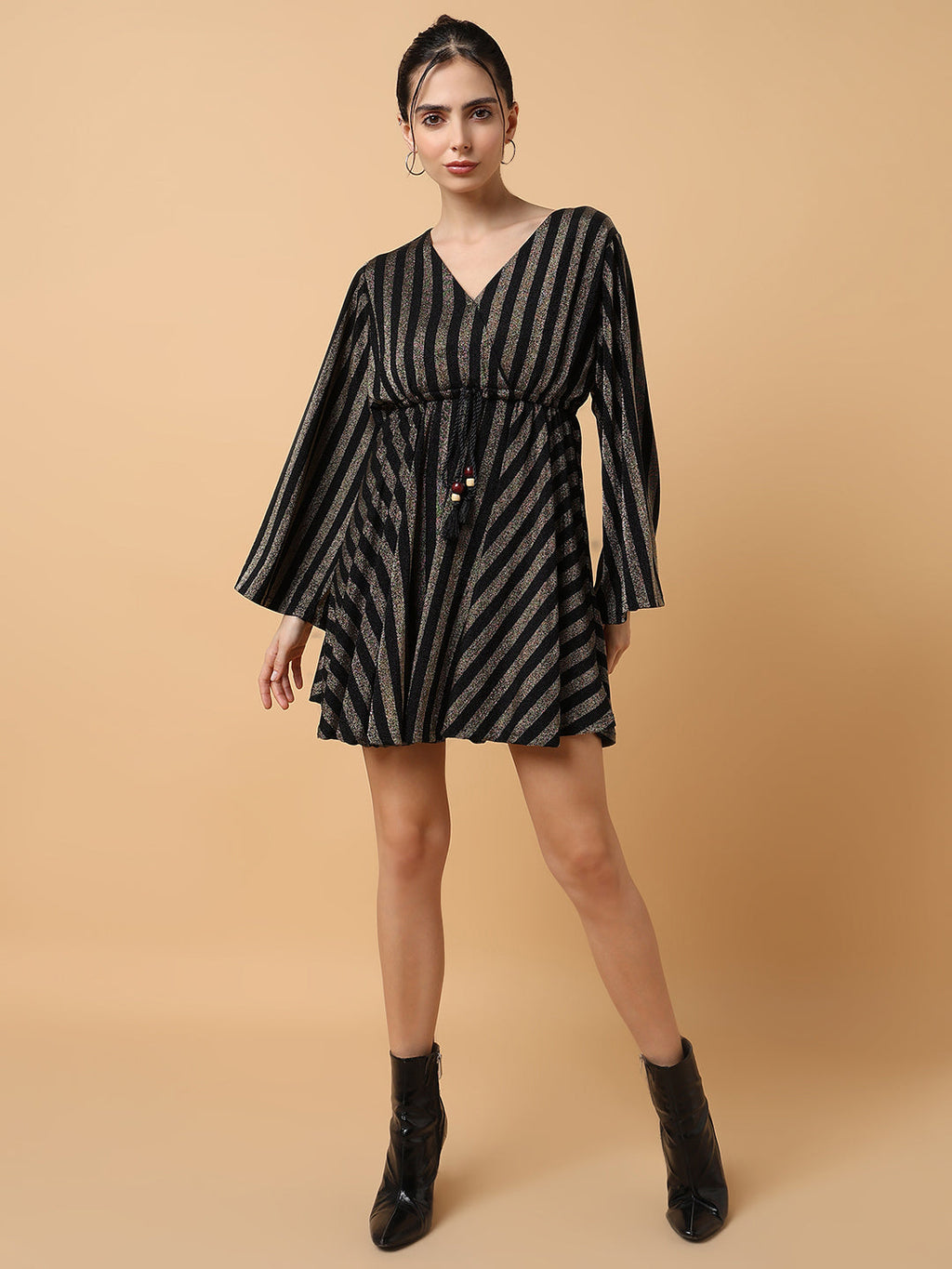 Women's V-Neck Striped Empire Bronze Dress