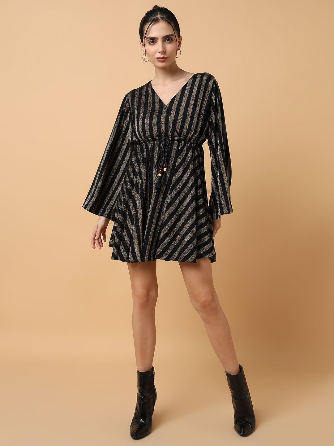 Women's V-Neck Striped Empire Bronze Dress