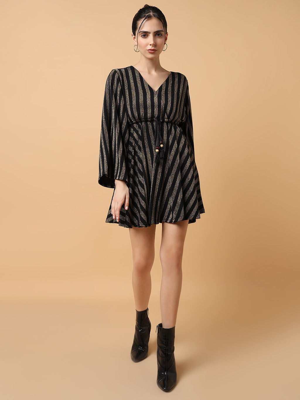 Women's V-Neck Striped Empire Bronze Dress