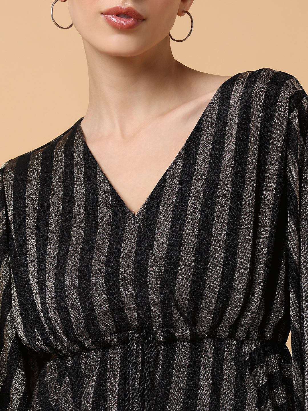 Women's V-Neck Striped Empire Bronze Dress