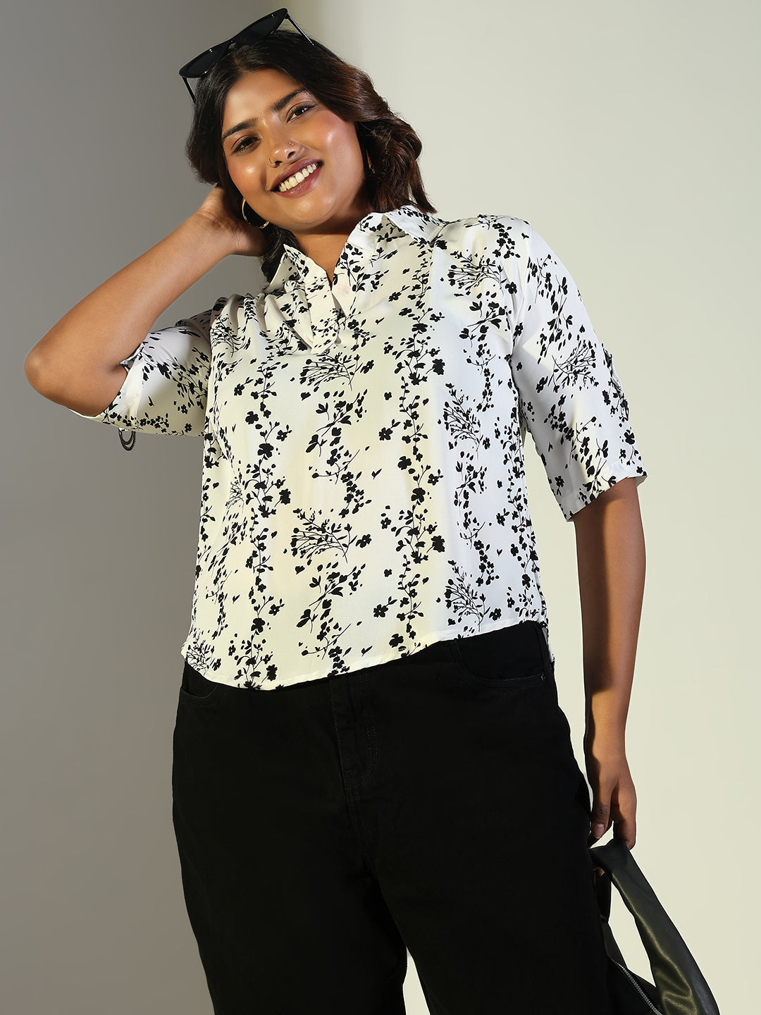 Women's White Floral Printed Shirt Collar High-Low Top