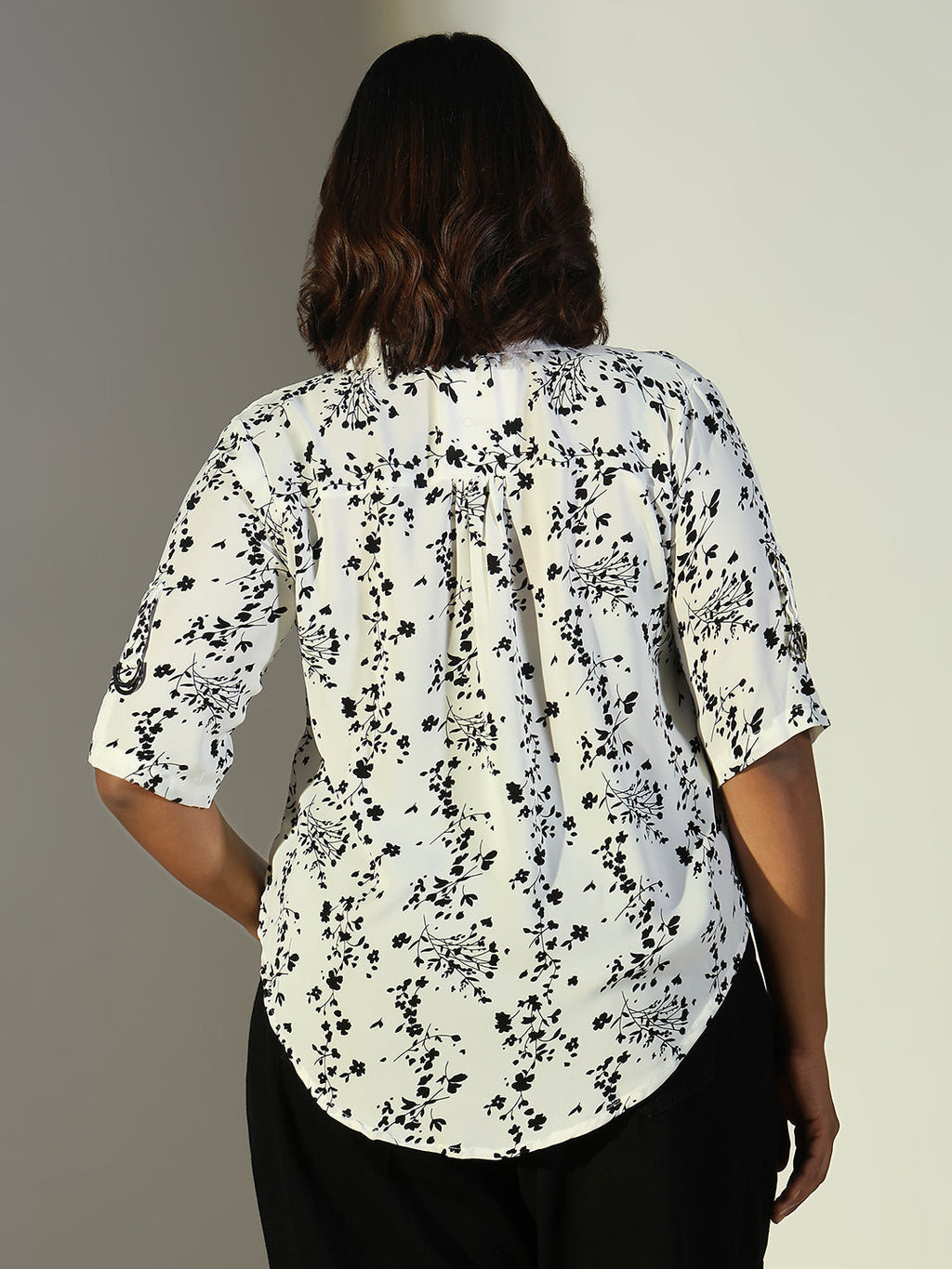 Women's White Floral Printed Shirt Collar High-Low Top