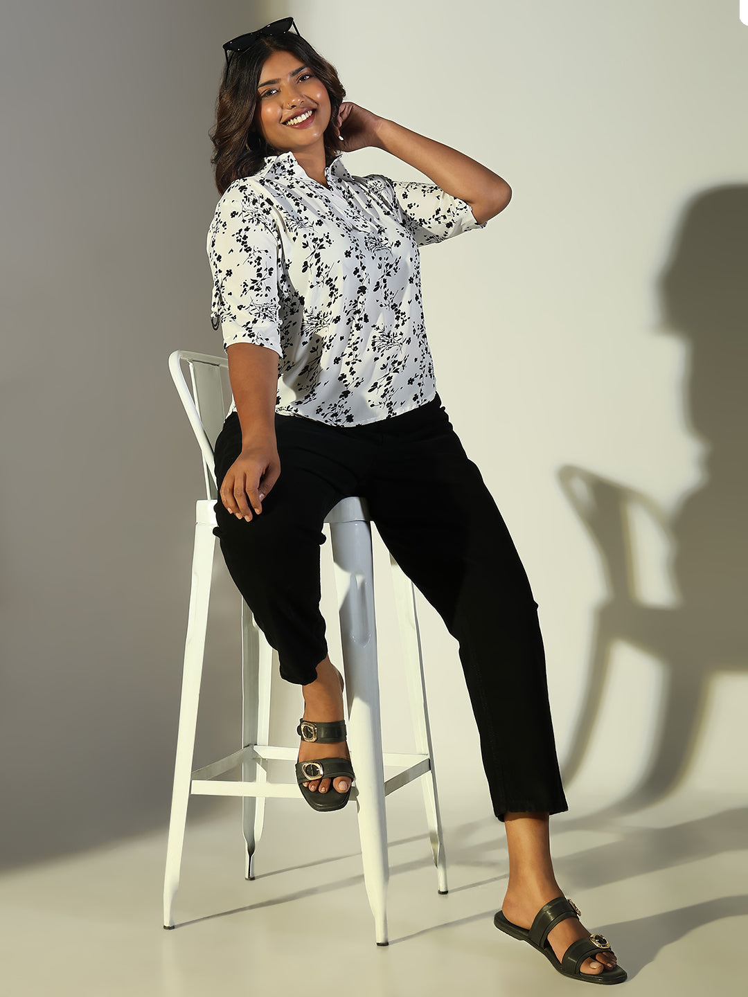 Women's White Floral Printed Shirt Collar High-Low Top