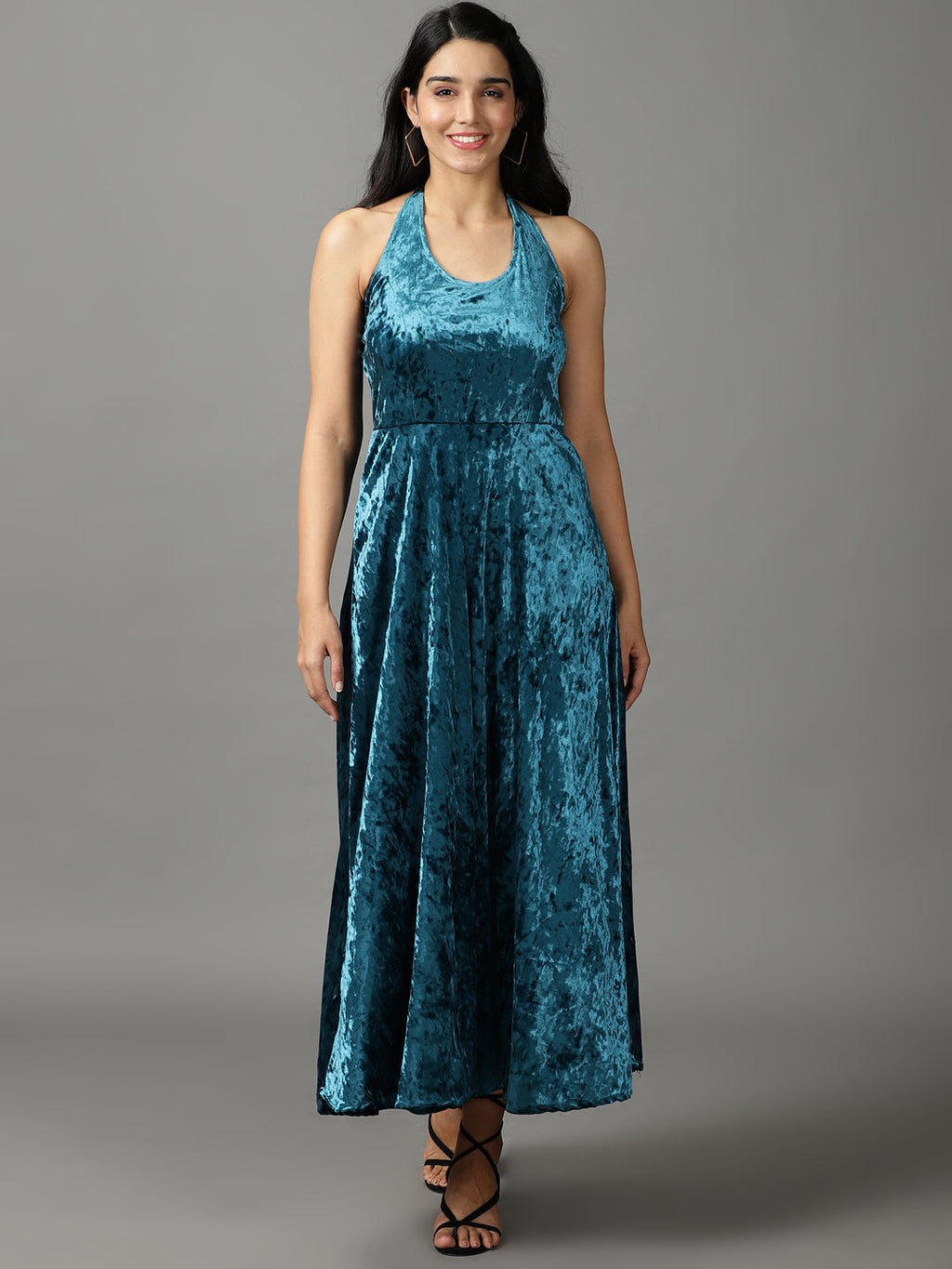 Women's Turquoise Blue Ethnic Motifs Halter Neck Velvet Midi Dress