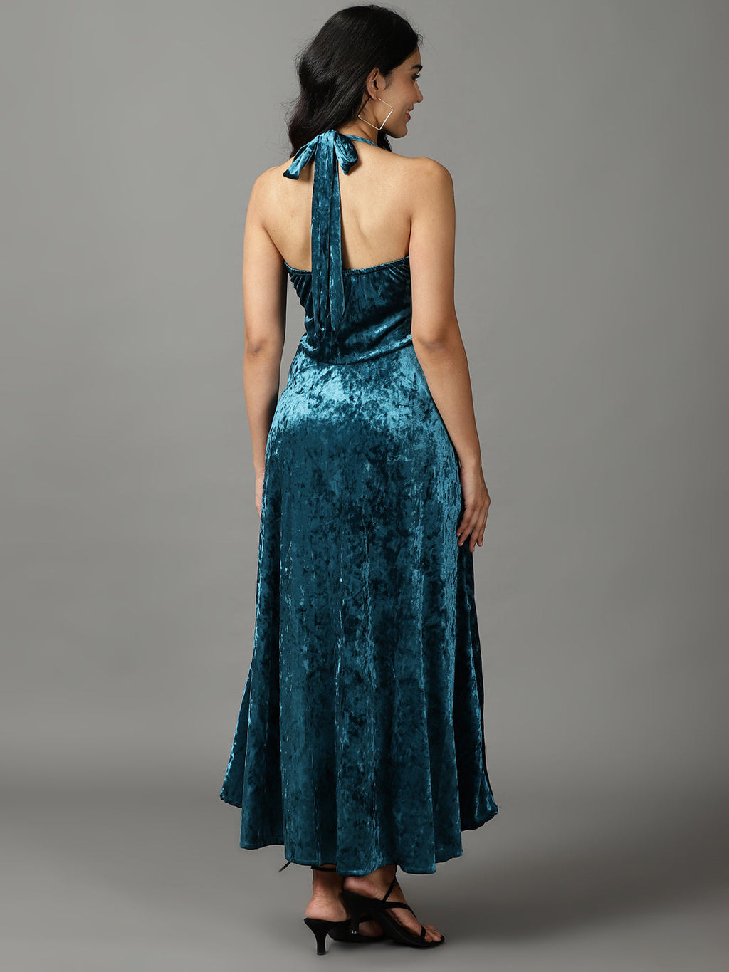 Women's Turquoise Blue Ethnic Motifs Halter Neck Velvet Midi Dress