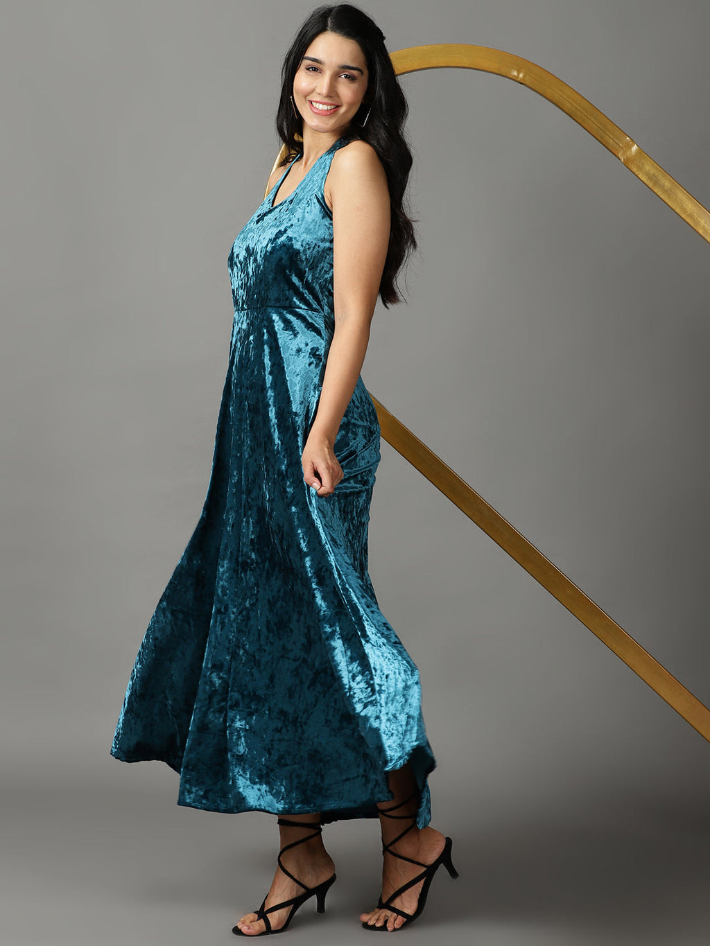 Women's Turquoise Blue Ethnic Motifs Halter Neck Velvet Midi Dress
