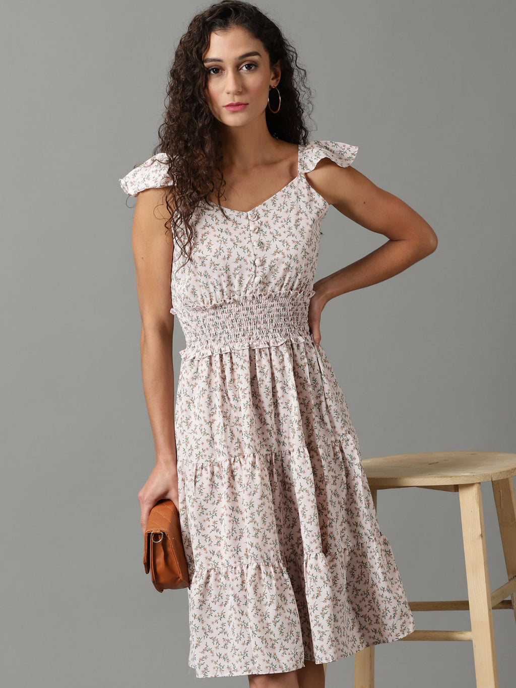 Women's Pink Floral Printed Smocked Tiered Fit & Flare Dress