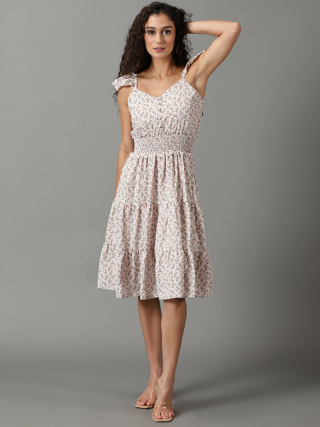 Women's Pink Floral Printed Smocked Tiered Fit & Flare Dress