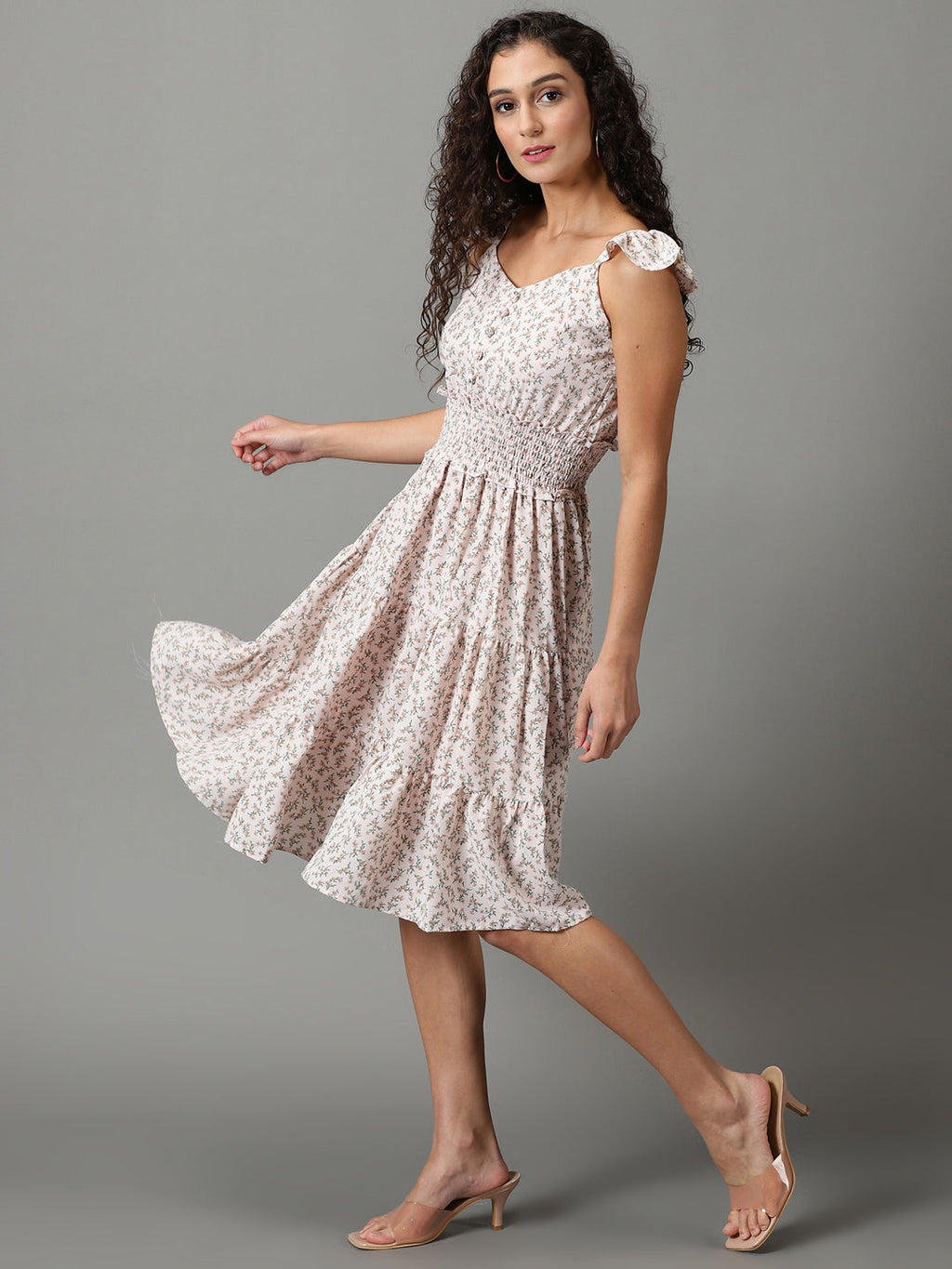 Women's Pink Floral Printed Smocked Tiered Fit & Flare Dress