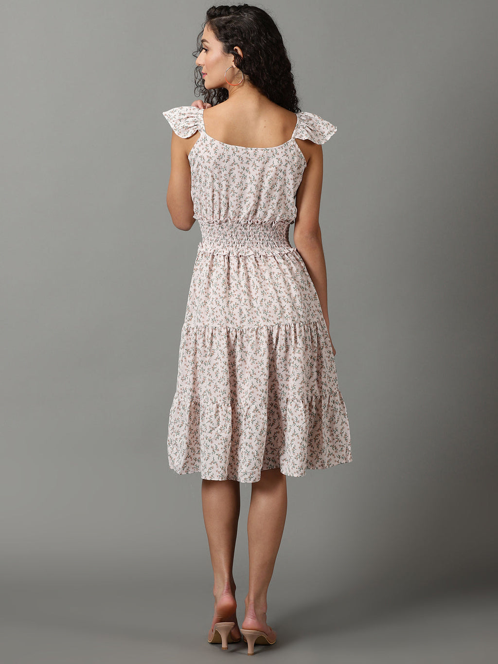 Women's Pink Floral Printed Smocked Tiered Fit & Flare Dress