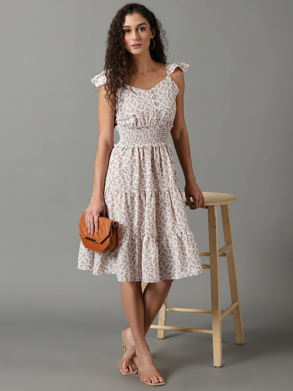 Women's Pink Floral Printed Smocked Tiered Fit & Flare Dress