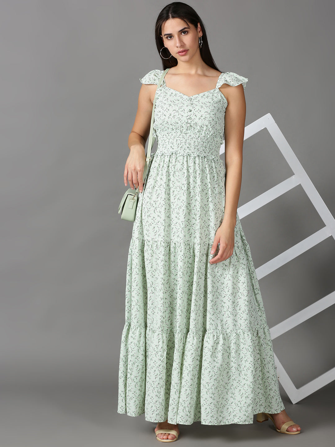 Women's Green Floral Printed Fit & Flare Dress