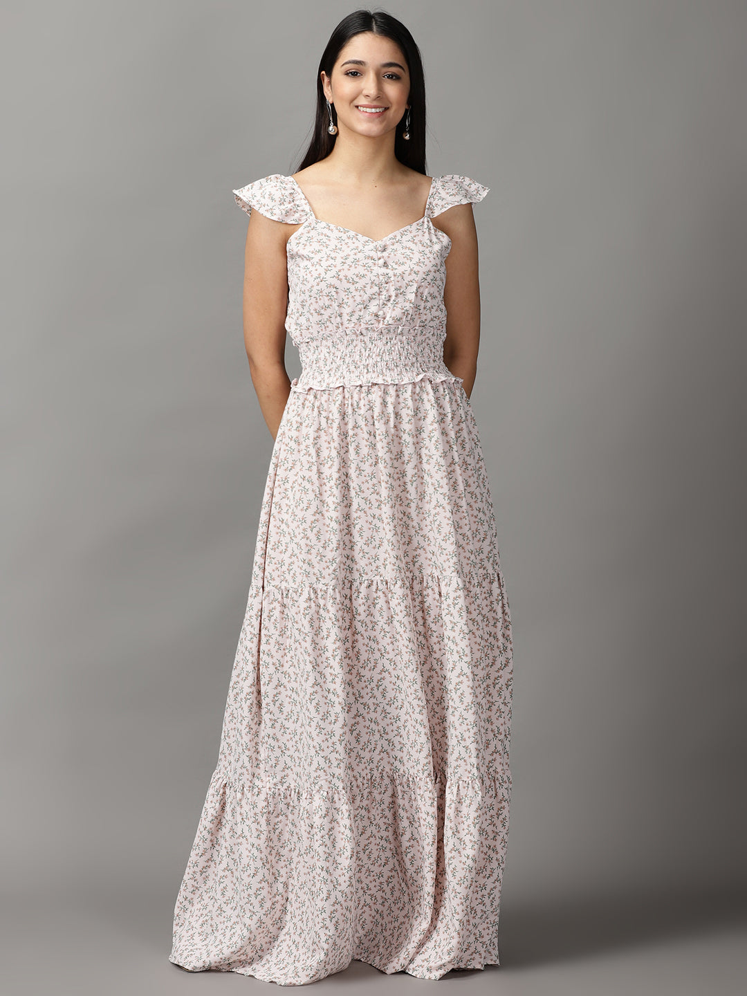 Women's Pink Floral Printed Fit and Flare Maxi Dress