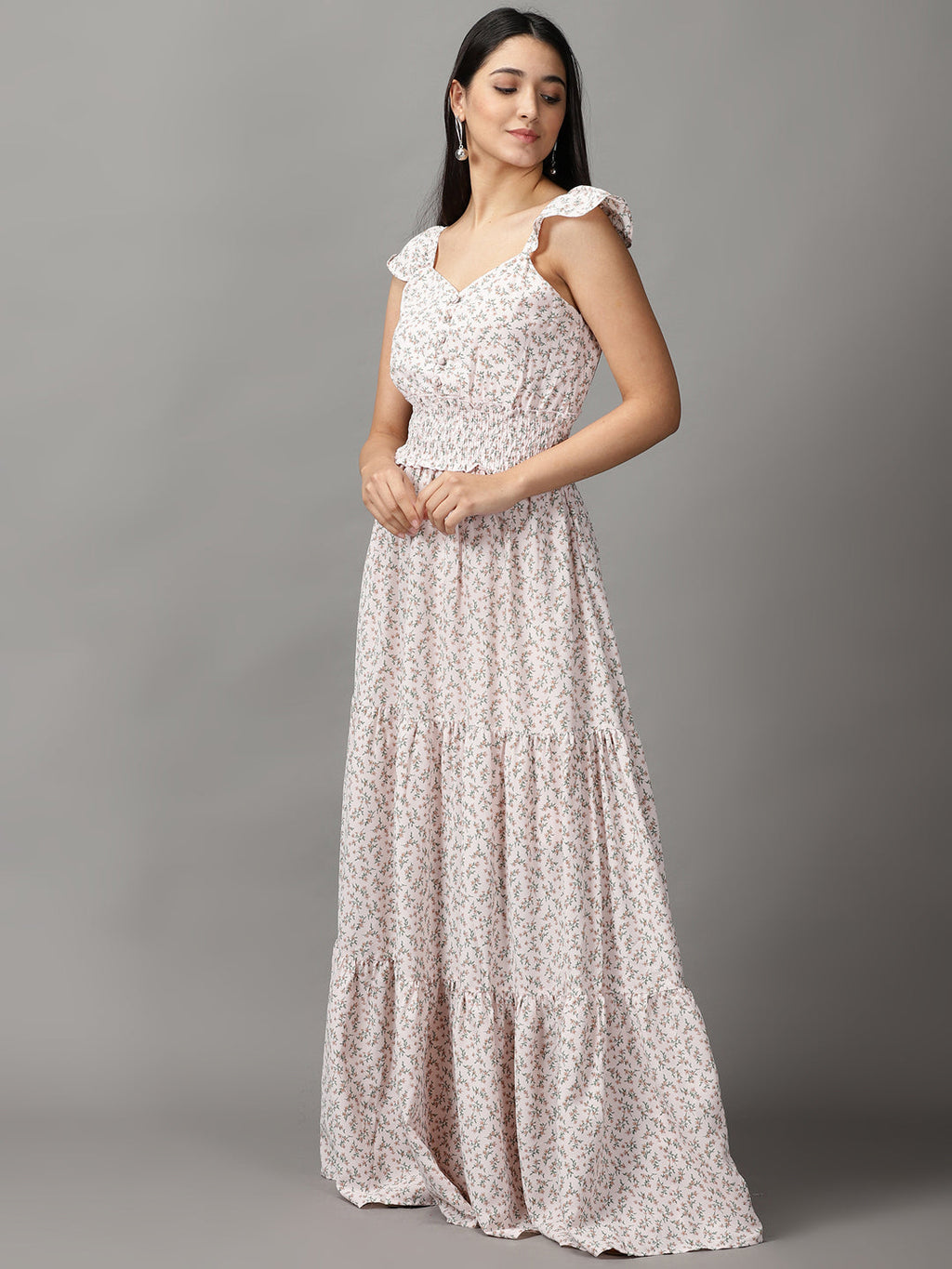 Women's Pink Floral Printed Fit and Flare Maxi Dress