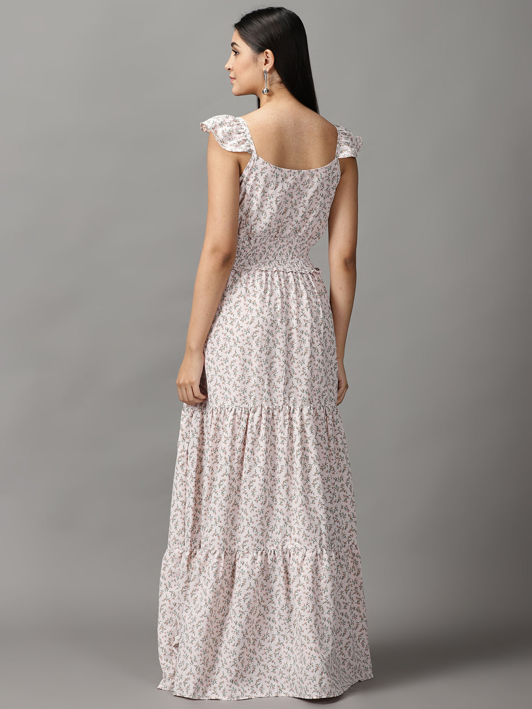 Women's Pink Floral Printed Fit and Flare Maxi Dress