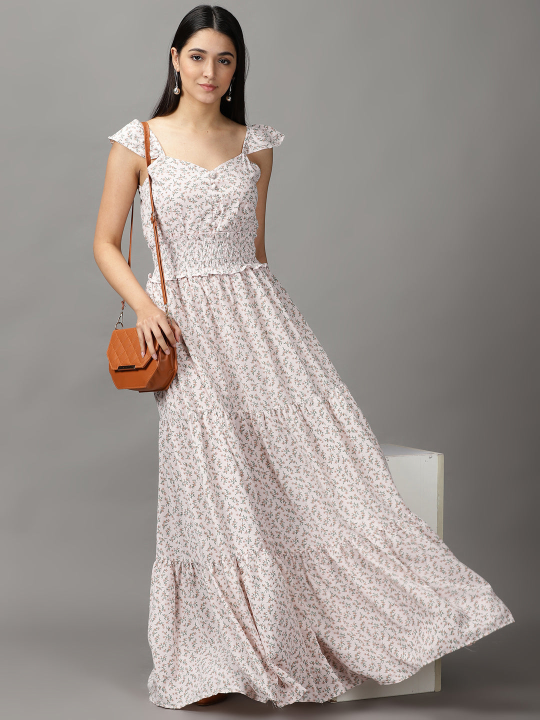 Women's Pink Floral Printed Fit and Flare Maxi Dress