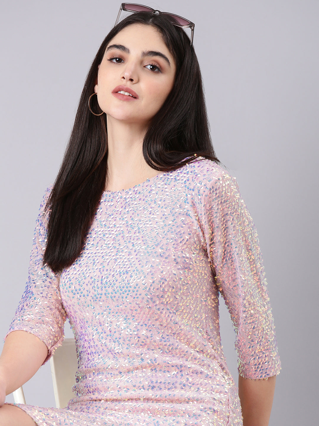 Women's Pink Sequinned Embellished Net Bodycon Dress