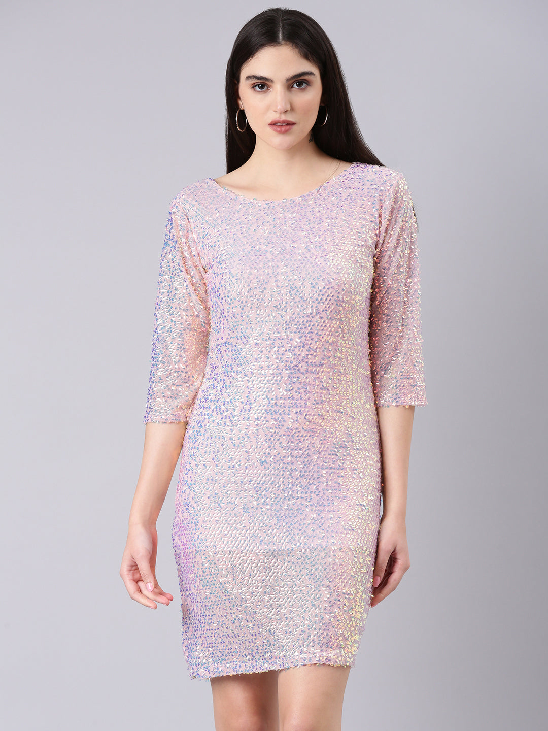 Women's Pink Sequinned Embellished Net Bodycon Dress