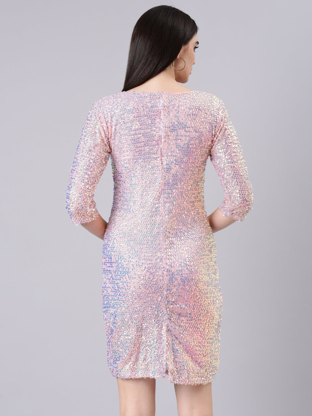Women's Pink Sequinned Embellished Net Bodycon Dress