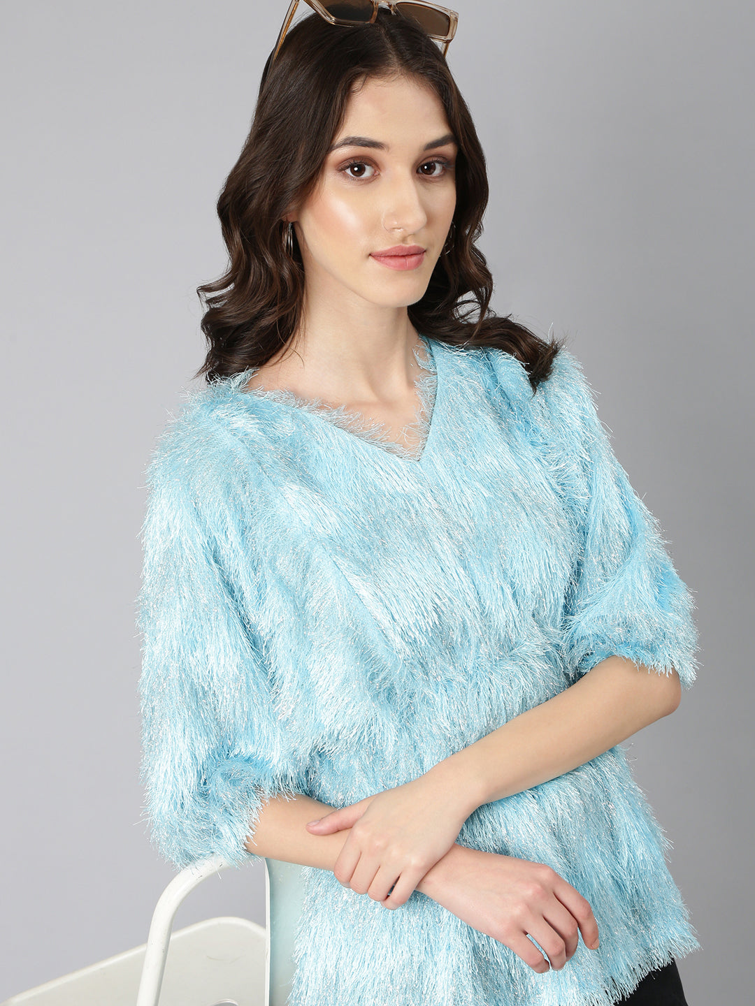 Women's Blue Self Design V-Neck Faux Fur Trim Regular Top