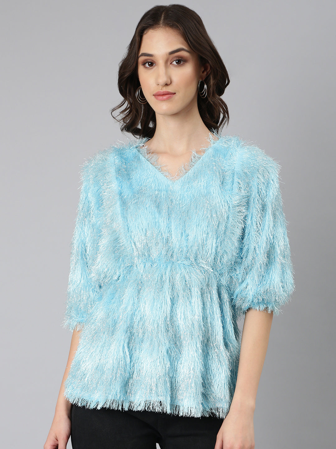 Women's Blue Self Design V-Neck Faux Fur Trim Regular Top