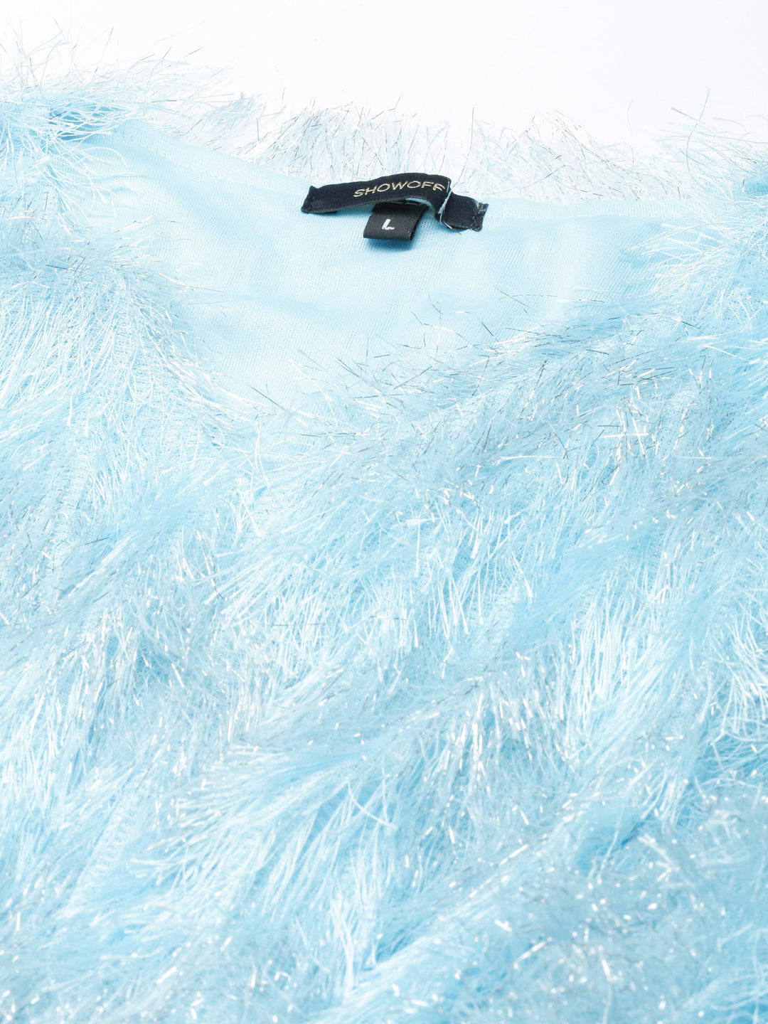 Women's Blue Self Design V-Neck Faux Fur Trim Regular Top