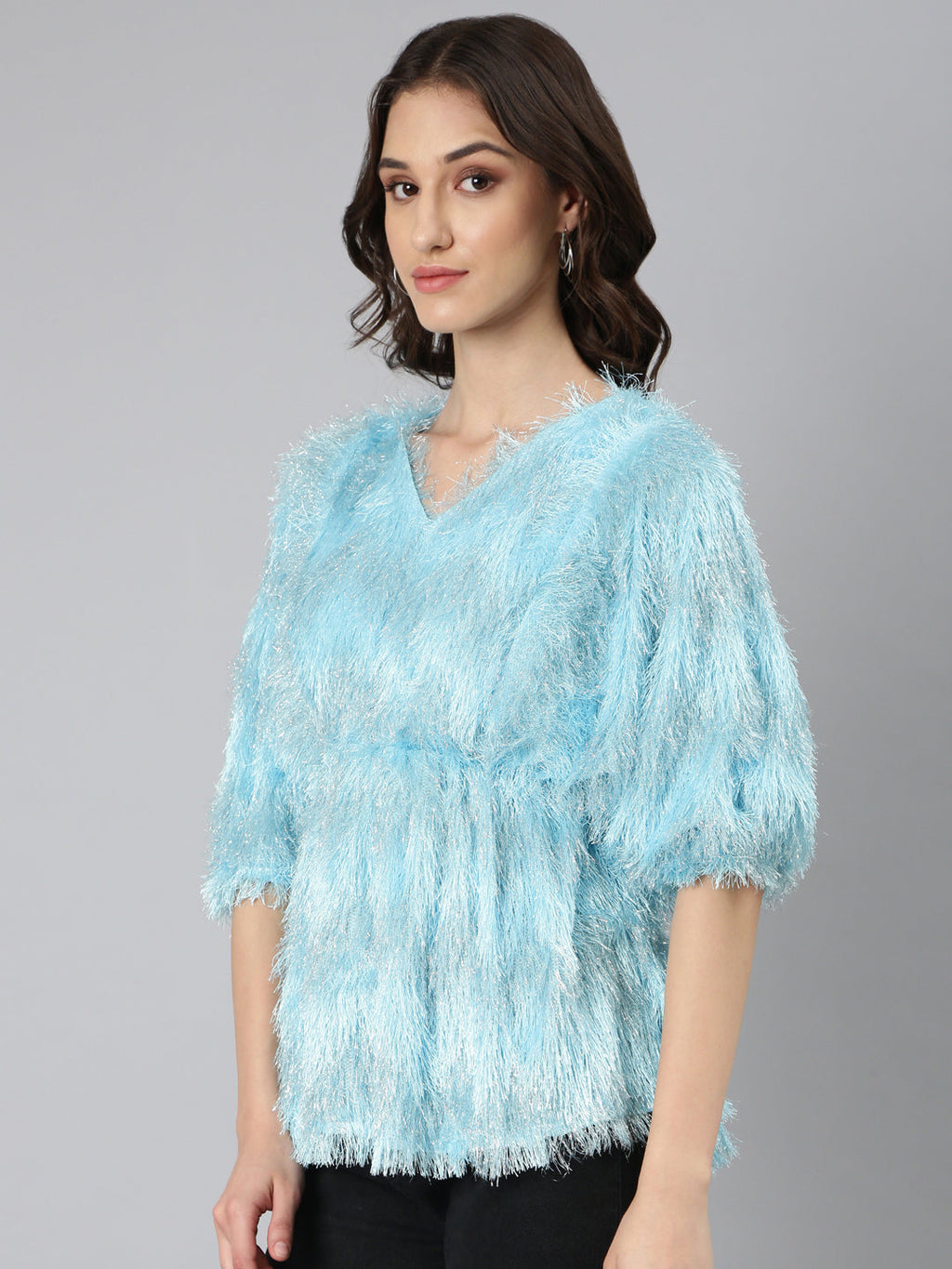 Women's Blue Self Design V-Neck Faux Fur Trim Regular Top