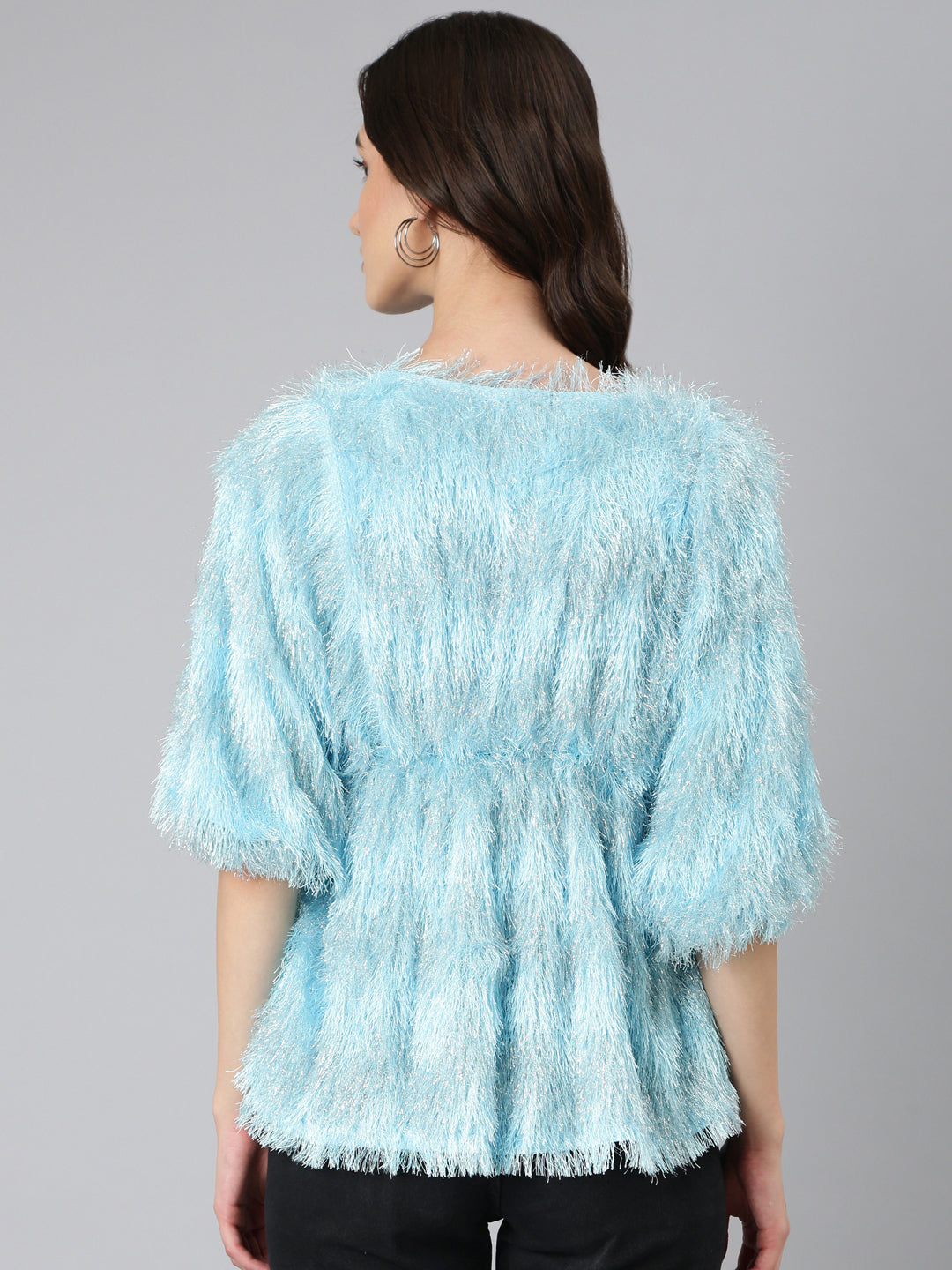 Women's Blue Self Design V-Neck Faux Fur Trim Regular Top