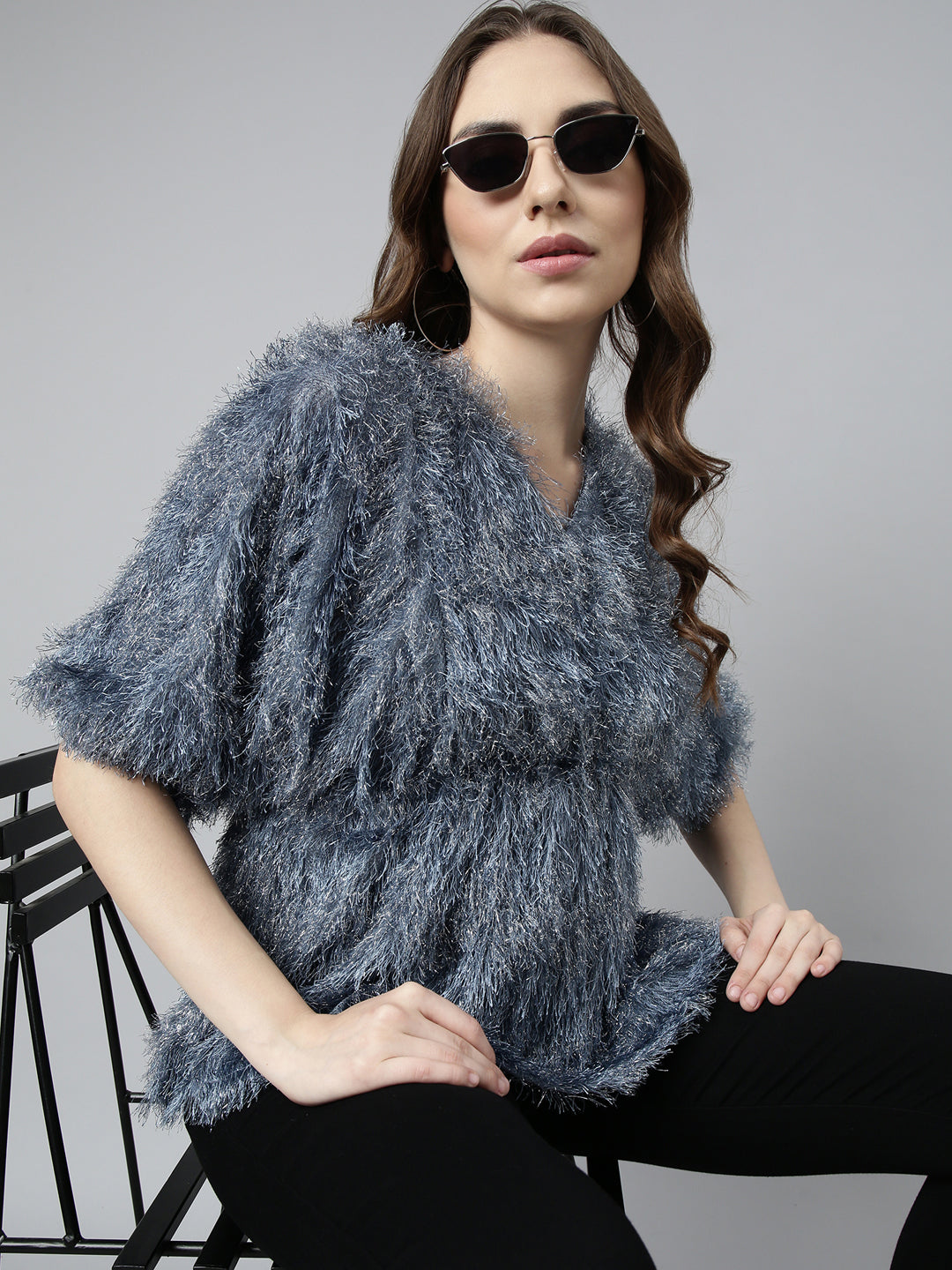 Women's Grey Self Design V-Neck Fringed Blouson Top