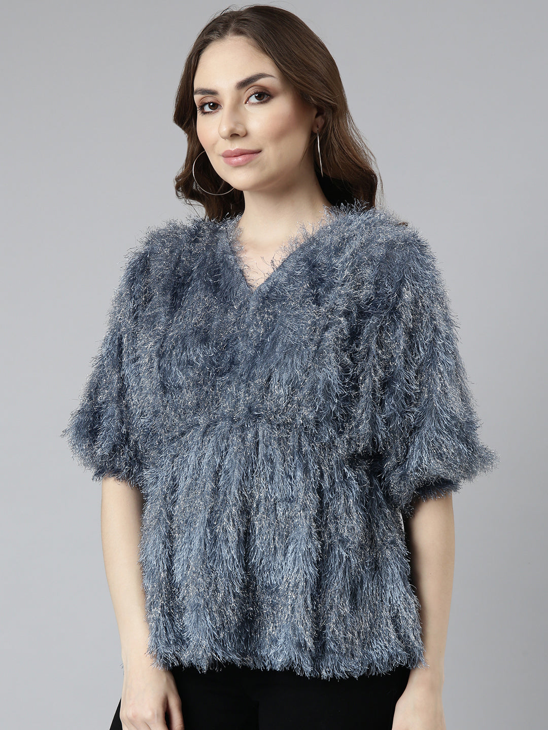 Women's Grey Self Design V-Neck Fringed Blouson Top