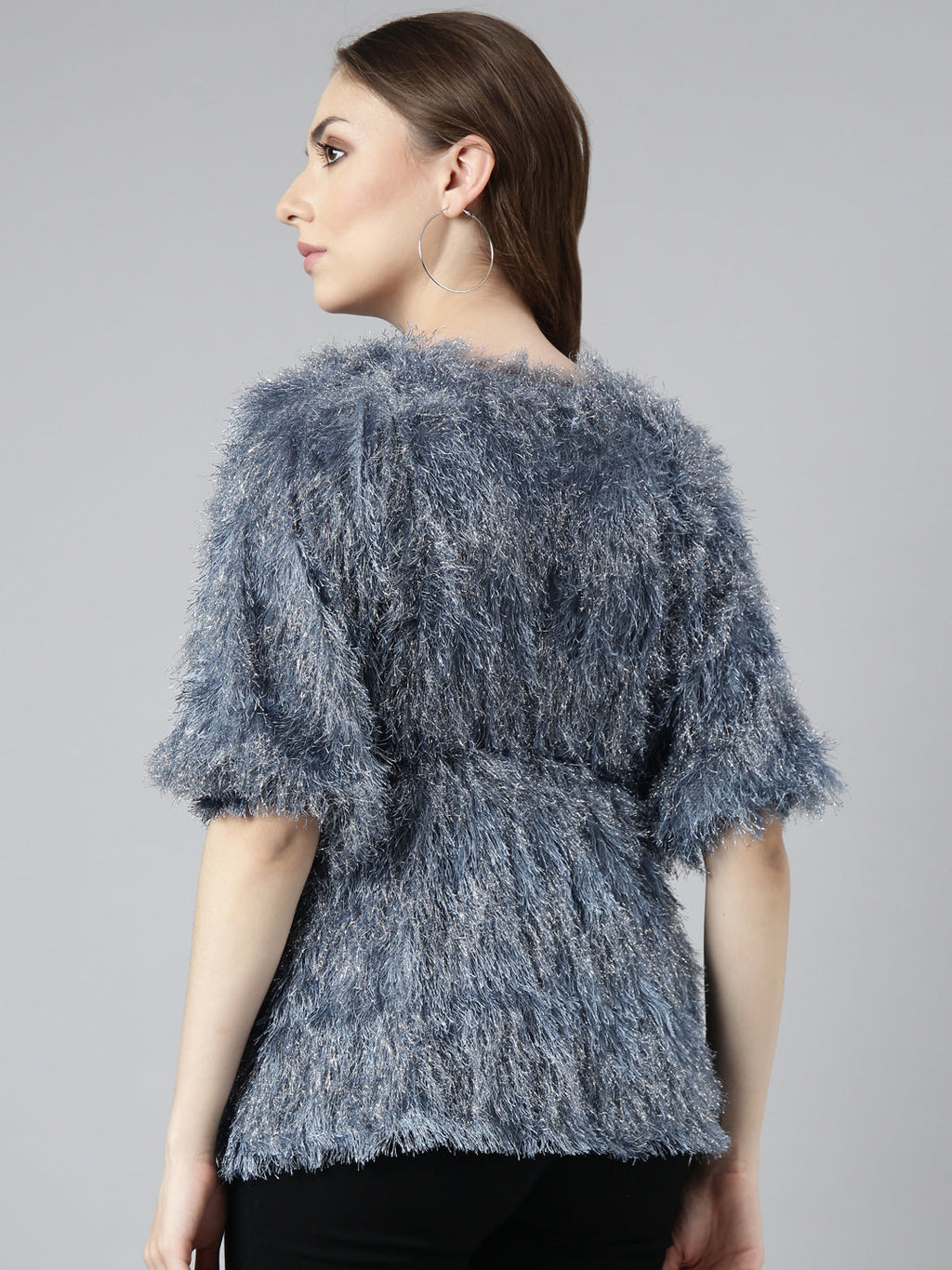 Women's Grey Self Design V-Neck Fringed Blouson Top