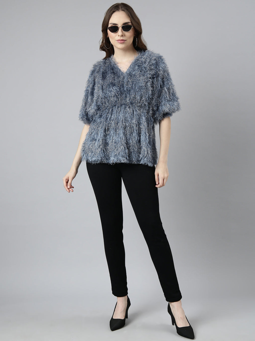 Women's Grey Self Design V-Neck Fringed Blouson Top